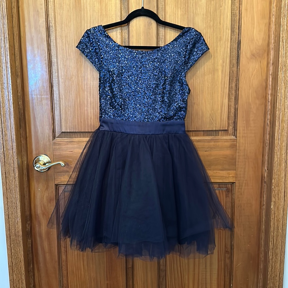 Navy Blue Sequins Tulle Dress